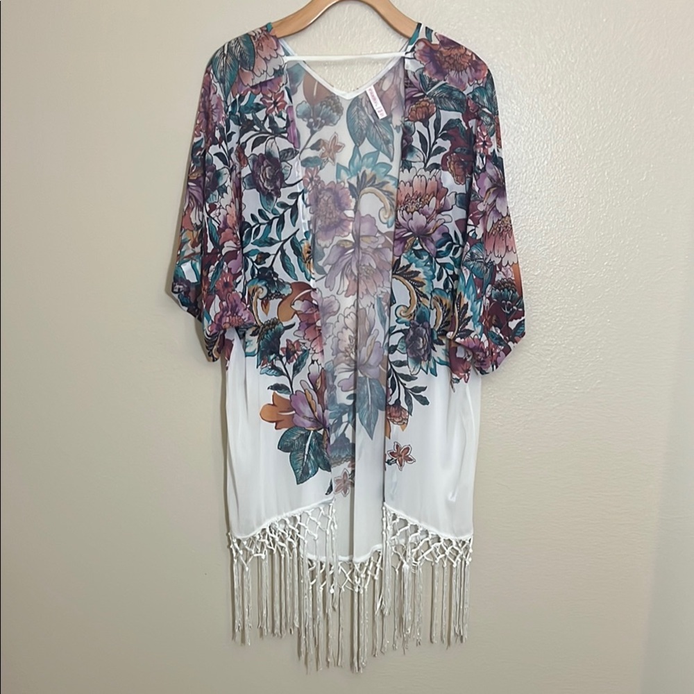 Xhilaration Multicolor Floral Fringe Summer Beach Kimono Coverup